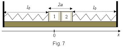 3 09. Dois blocos cúbicos homogêneos, de aresta a e massa m estão juntos e presos a molas de constante elástica k, com comprimento l o em posição relaxada, podendo se movimentar apenas na direção x,