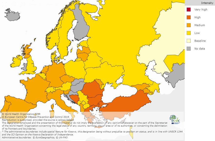 Situação internacional: Europa Figura 15 Intensidade da atividade gripal na Europa, semana.