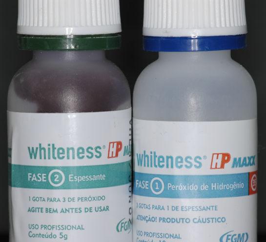 caseira e peróxido de hidrogênio a 35% (Whiteness HP MAXX, FGM, Joinville), na técnica de consultório (FIGS.