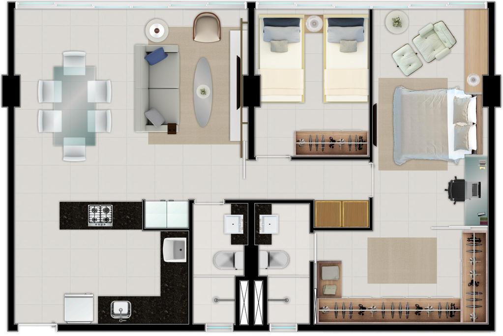 2 QUARTOS 1 SUÍTE 1 SALA DE ESTAR 1 SALA DE JANTAR 1 COZINHA 1