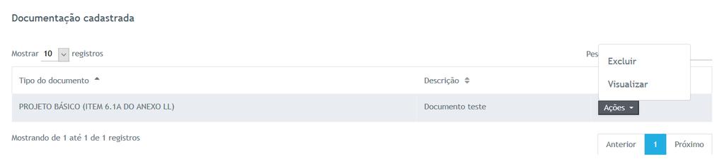 Figura 39 Caso você precise excluir ou visualizar um documento inserido no sistema, basta encontra-lo na tabela, clicar no botão Ações e selecionar o item desejado, conforme mostra a Figura 39.