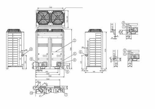 DIMENSÕES LRMEQ5-6AY1(E), LRLEQ5-6AY1(E) (Orifícios para parafusos de fixação) 4 orifícios de 15x22,5-mm (Orifício de parafusos das fundações) (Orifícios para parafusos de fixação) PORMENOR DO LADO