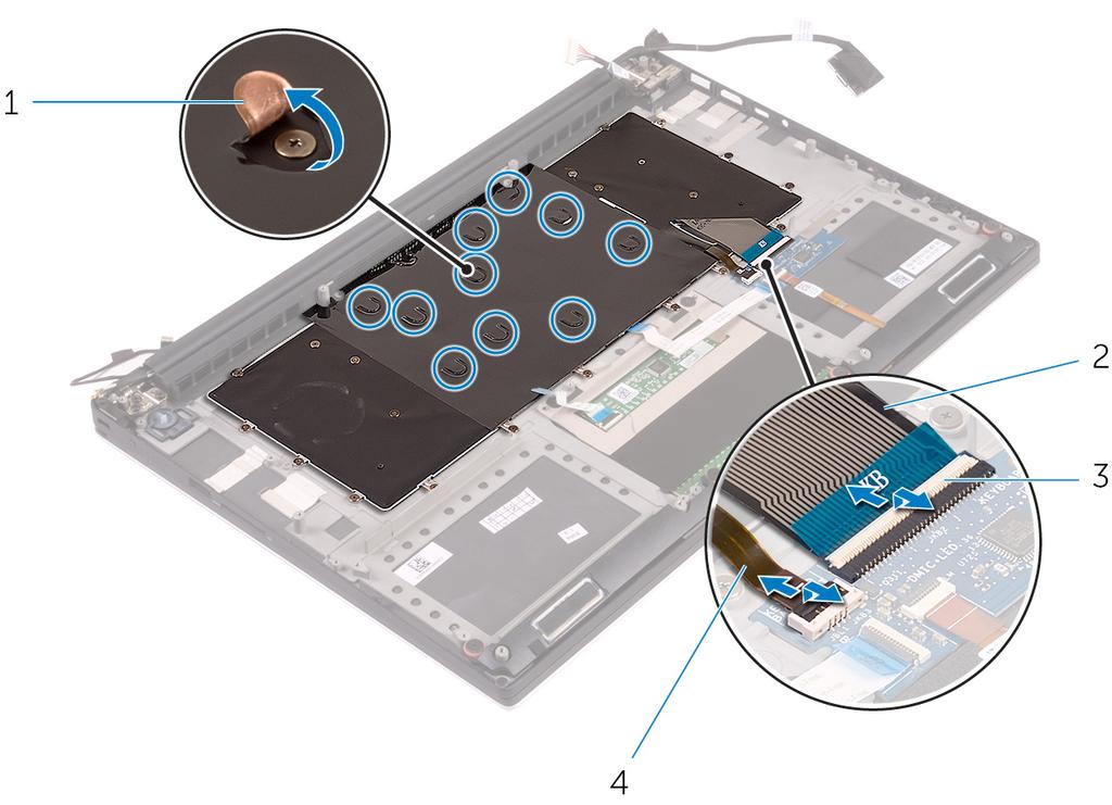 2 Retire o Mylar para ter acesso aos parafusos que fixam o teclado ao conjunto do apoio para as mãos.