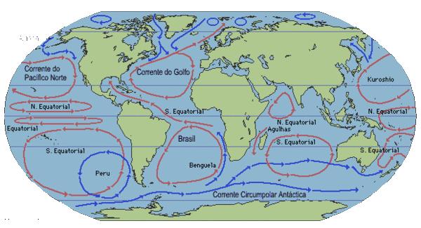 rotação da Terra. Correntes quentes aumentam a umidade do litoral por onde passam.
