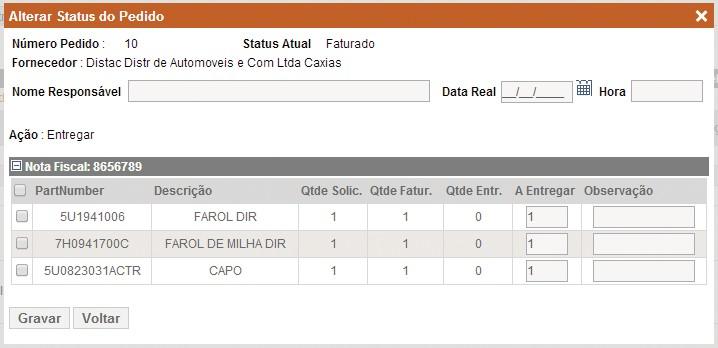 Entrega Após inserir o arquivo XML da Nota Fiscal no sistema, o Status Atual muda para Faturado, e será exibido o botão Entregar na tela Cadastro de Pedido - Fornecedor.