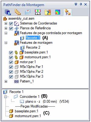 Recursos baseados em montagem Quando você seleciona um recurso baseado em montagem no painel superior do PathFinder, os pais que controlam o recurso são exibidos no painel inferior do PathFinder.