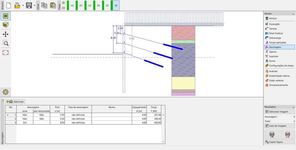 Janela Ancoragens Etapa de construção 6 Adicione outra etapa de construção. Na 7ª etapa de construção, altere a profundidade da escavação para h 11,5 m.