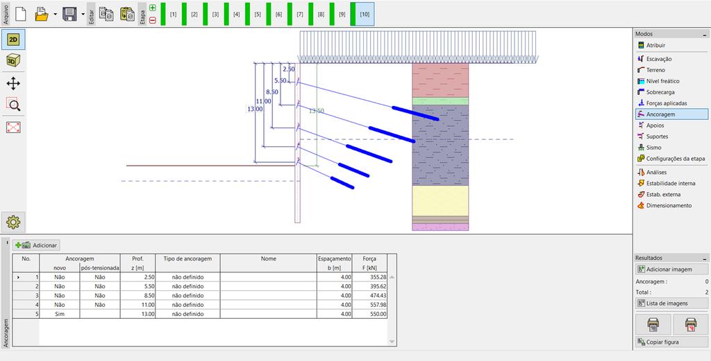 Janela Ancoragens Etapa de construção 10 Na 11ª, e última, etapa de construção, a vala é escavada até à profundidade de h 15 m. Não são adicionadas mais ancoragens.