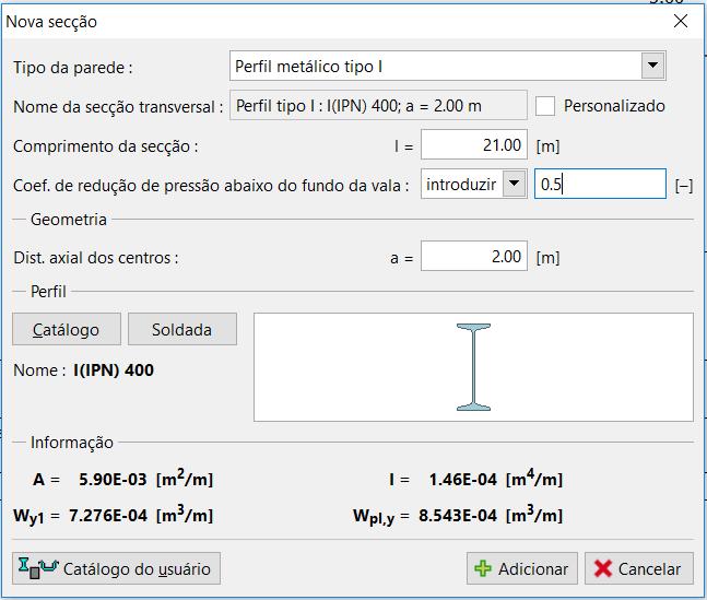 Na janela Geometria, defina os parâmetros da contenção suportada tipo da parede e comprimento da secção l 21 m.