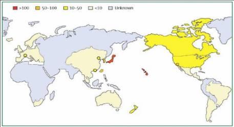 Epidemiologia Os maiores índices da doença se encontram na Ásia, América do Norte e Europa. Japão * 184,6/100.