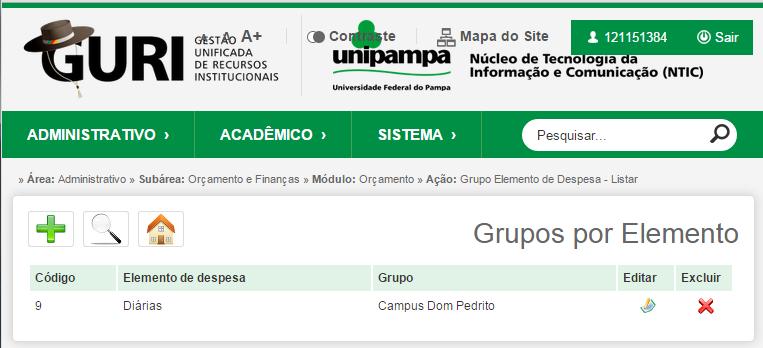 2.4 Grupos por elemento Para acessar a listagem de grupos por elementos realize o seguinte procedimento: No menu, aba Administrativo, clique em Orçamento e Finanças, em seguida, em Grupos por