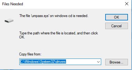 Após a escolha desta opção, poderá aparecer uma janela de diálogo com o título Ficheiros Necessários/Files Needed, na qual terá de selecionar a pasta C:\Windows\System32\drivers.