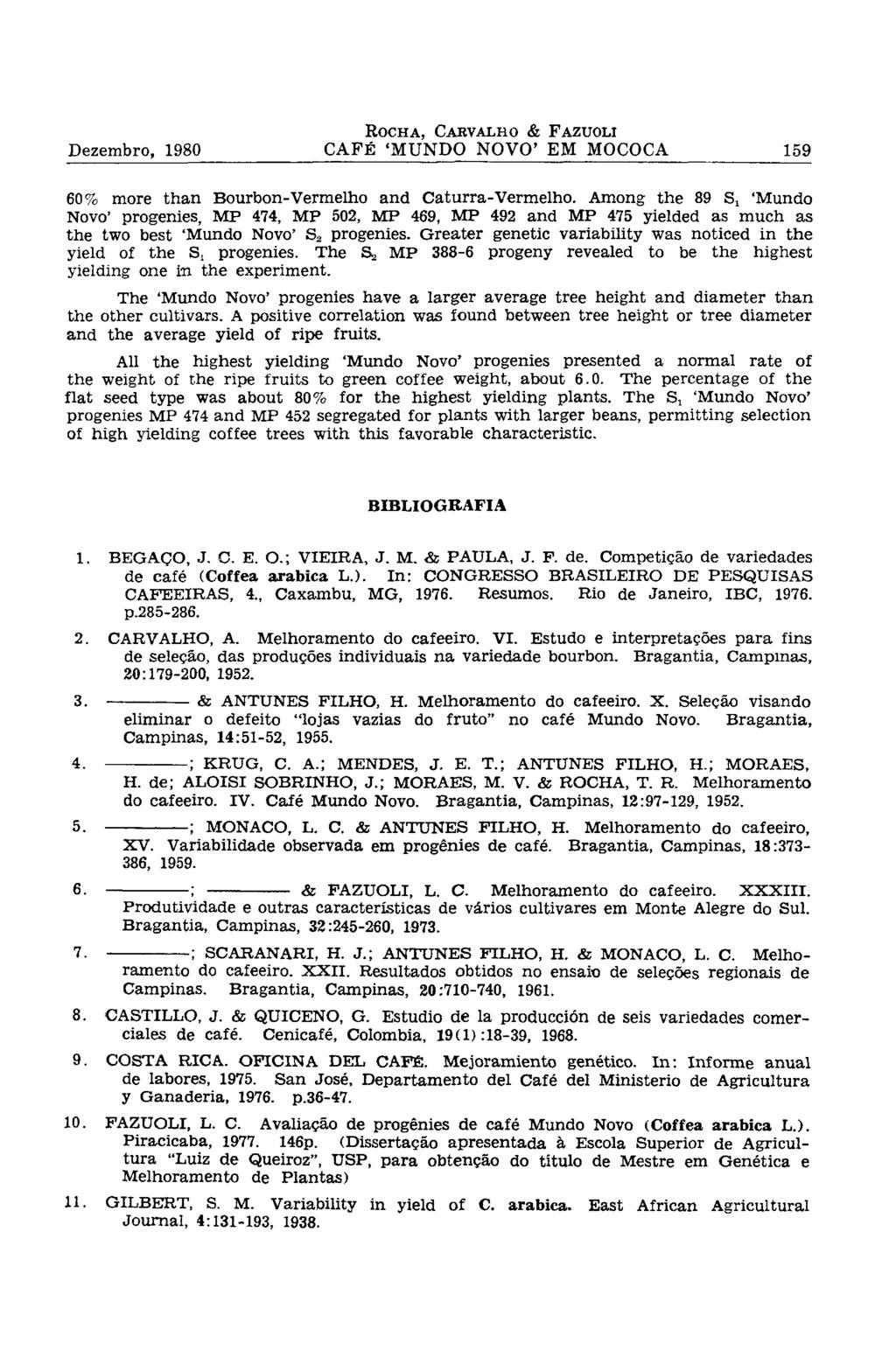 60% more than Bourbon-Vermelho and Caturra-Vermelho. Among the 89 S a 'Mundo Novo' progenies, MP 474, MP 502, MP 469, MP 492 and MP 475 yielded as much as the two best 'Mundo Novo' S 2 progenies.