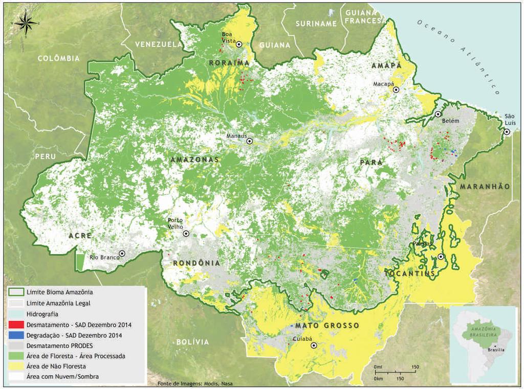 Cobertura de nuvem e sombra Em dezembro de 2014, foi possível monitorar com o SAD 60% da área florestal na Amazônia Legal.