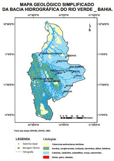 MAPA 1: Localização com geologia simplificada da bacia hidrográfica do rio Verde. Fonte dos dados: BRASIL, BAHIA, 2003. Produção própria do autor 2.
