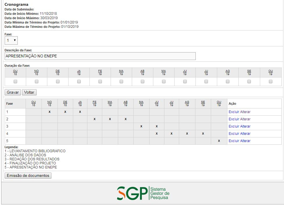 ..) da Fase, em seguida insira sua descrição e, por último, selecione os meses nos quais a fase será desenvolvida durante a pesquisa. Logo após, clique no botão Gravar.