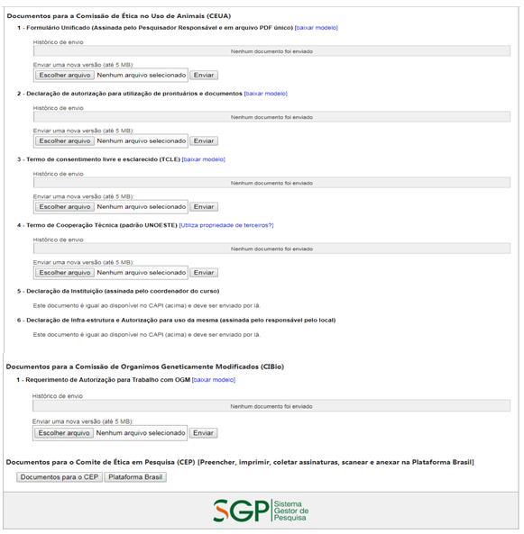 Nesta tela são obtidos também os Documentos necessários para avaliação ética pela CEUA, CIBio e pelo CEP.