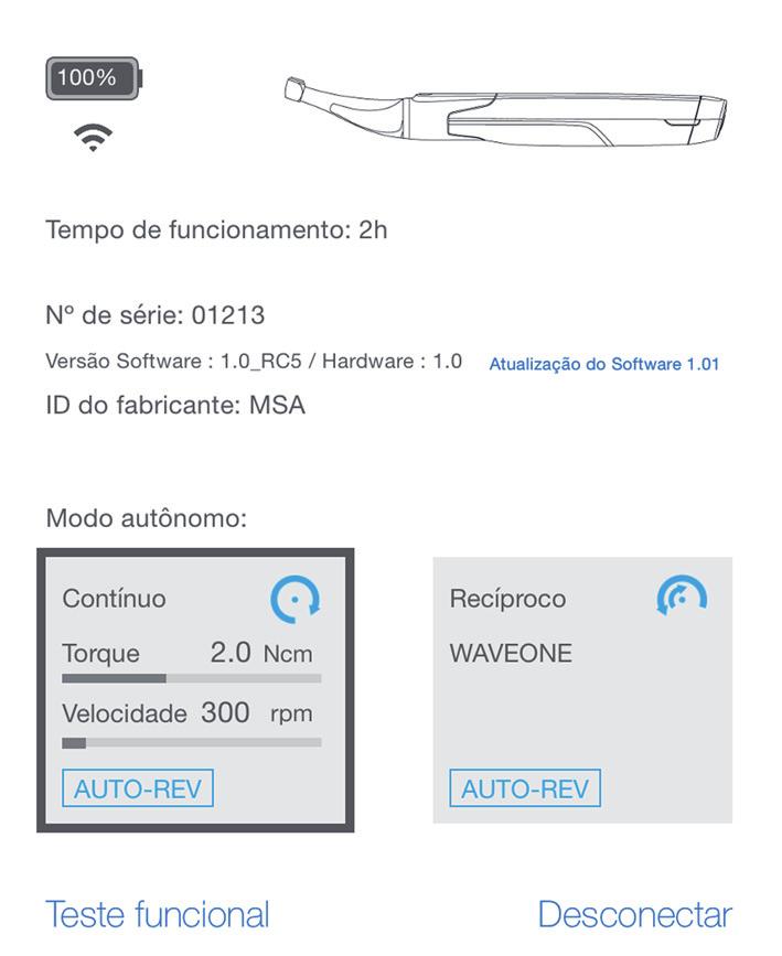 Modo autônomo Conecta a peça de mão motorizada ao aplicativo via Bluetooth. Ativa a peça de mão motorizada (a peça de mão motorizada não desliga, passa automaticamente para o modo standby).