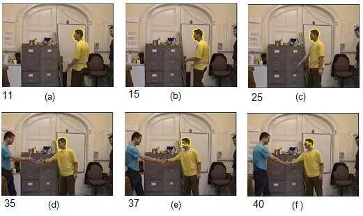 O segundo teste foi realizado em uma sequência do vídeo2, só que agora se escolheu iniciar o rastreamento a partir do frame 11 (Figuras 5a), a fim de evitar o problema apontado no teste anterior, da