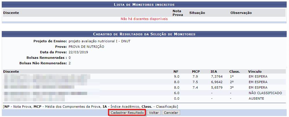 4 Cadastrar resultado da prova Observações: - Candidatos com notas menos que 7,0 na prova de seleção serão considerados NÃO CLASSIFICADOS.