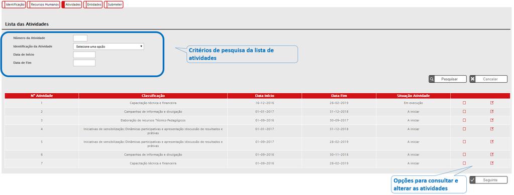 3.4 Atividades O ecrã exibe a listagem das atividades aprovadas em candidatura indicando o nº e a