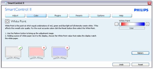 Exemplo de calibração da cor Nome do separador Sub menu Visualização no modo analógico Visualização no modo digital Color (Cor) RGB (RGB) Sim Sim Color (Cor) Black Level (Nível de negro) Sim Sim