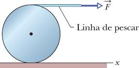 rampa. Qual era a velocidade inicial? 71 Na Fig. 11-60, uma força horizontal constante de módulo 12 N é aplicada a um cilindro maciço, homogêneo, por meio de uma linha de pescar enrolada no cilindro.