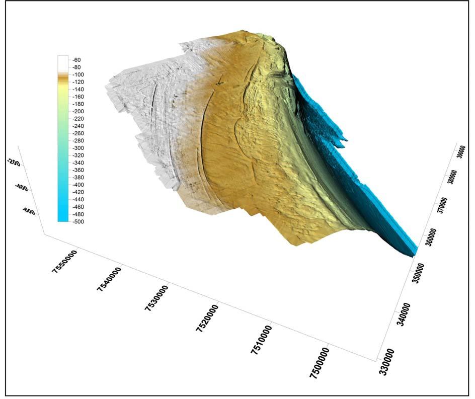 40 2.4 - MAPAS EM PERSPECTIVA Os mapas em perspectiva correspondem a outro tipo de representação batimétrica gerada com a finalidade de auxiliar na visualização de feições fisiográficas do fundo