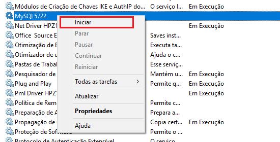 msc >>>> Na tela dos serviços, localize o serviço MySQL5722, e com o botão direito clique em Iniciar E ainda na tela dos