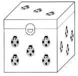 9. A figura representa uma caixa em forma de cubo decorada com joaninhas. Em faces opostas, incluindo a base, há o mesmo número de joaninhas. O volume da caixa é 125 cm 3.