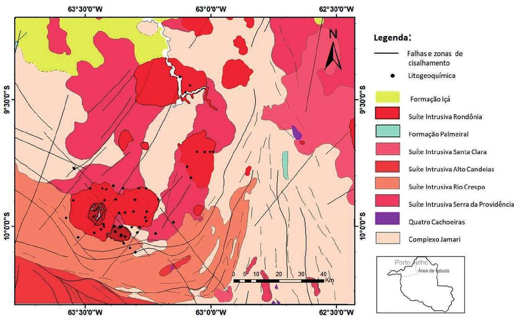 Figura 2 Mapa da distribuição geográfica das principais suítes magmáticas presentes na região de Rondônia com a indicação das amostras coletadas para análise de litogeoquímica.