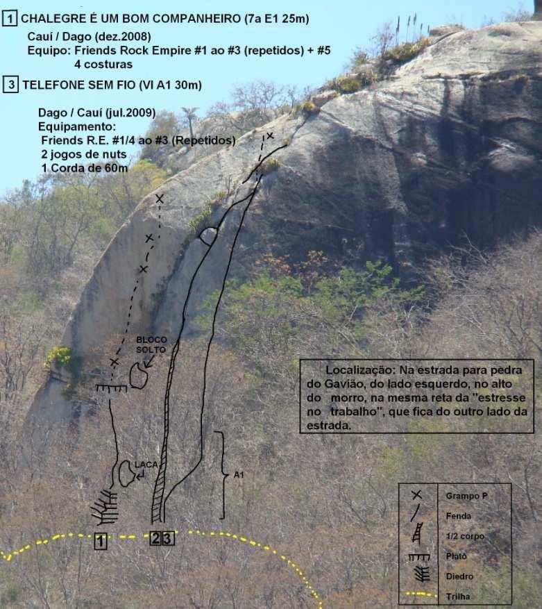 69 1. Chalegre é um Bom Companheiro (VIIa E1 25m) No mesmo ponto da Estresse no Trabalho só que do lado oposto da estrada, a caminhada é mais longa, seguir hora pelas trilhas de gado, hora pelo mato