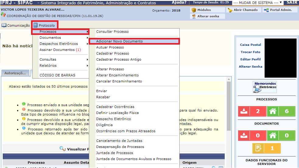 5 - Acompanhe a seguinte sequência: Protocolo > Processos > Adicionar Novo