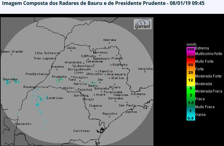 Situação das chuvas Os radares Meteorológicos do IPMet/UNESP, localizados em Bauru e Presidente Prudente, estão detectando chuvas isoladas, fracas a moderadas, no extremo oeste do estado de São Paulo