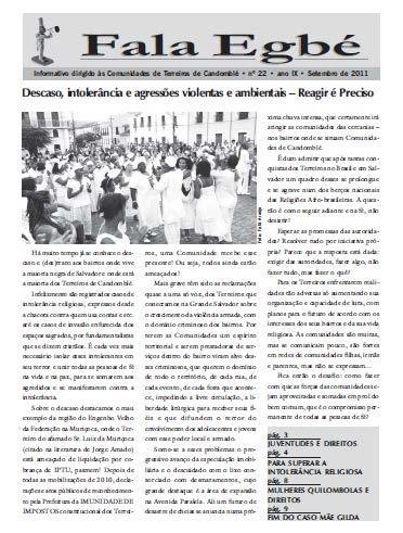 Publicação do Egbé - 2011 A 22ª Edição do Jornal Fala Egbé foi realizada em setembro de 2011 e distribuído no