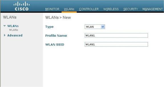 Clique o menu WLAN do controlador GUI, e escolha novo. 2. Escolha o WLAN para o tipo. 3.