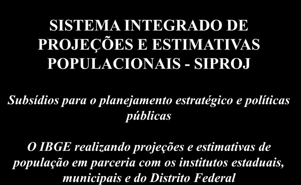 Projeções e estimativas de população Perspectivas SISTEMA INTEGRADO DE PROJEÇÕES E ESTIMATIVAS POPULACIONAIS - SIPROJ Subsídios para o planejamento
