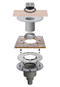 Schlüter -KERDI-DRAIN KD BH 50 MSBB Exemplo de montagem Conjunto de escoamento de água no solo: a Caixa de descarga com ligação de impermeabilização b Anel de junta de flange em aço inoxidável c