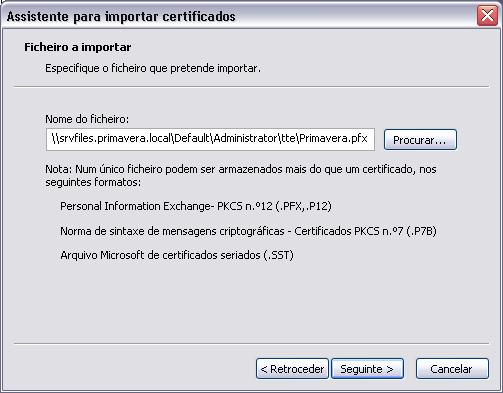 Instalação dos certificados Esta operação pode ser efectuada através dos seguintes passos: 1. Efectuar duplo clique no ficheiro (.pfx).
