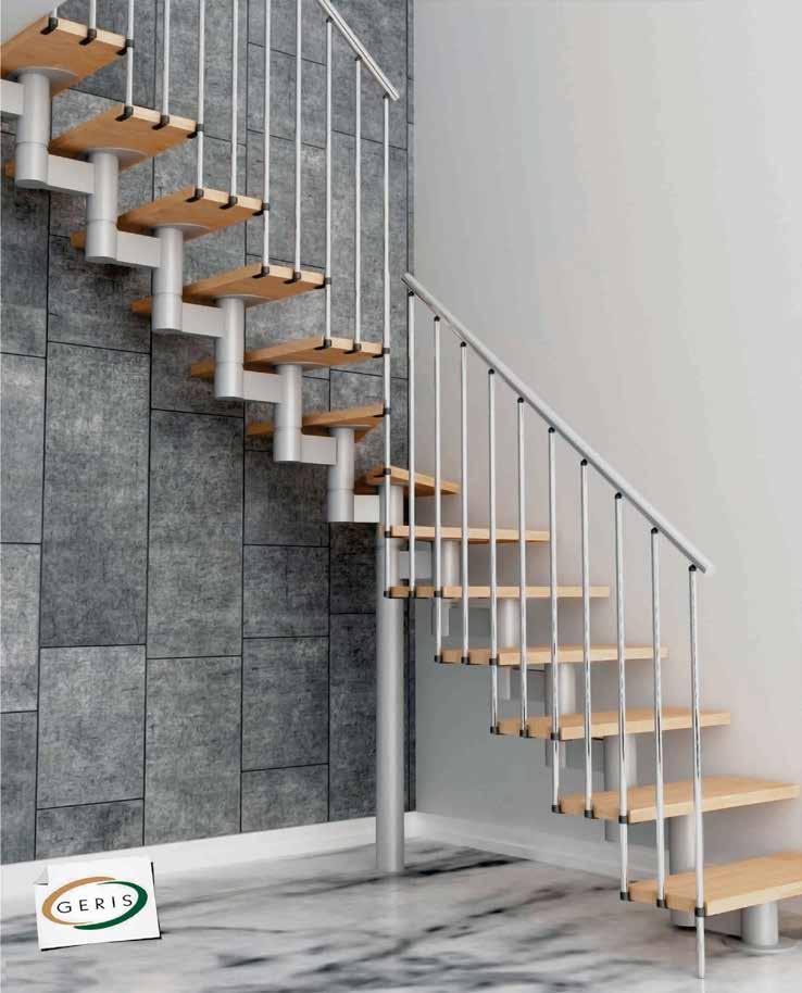 01 Escadas Easy Stair Cores Degraus: Noce Rovere Corrimão e barras em Inox Polido Aço pintado prata EASY STAIR RETA Totalmente componível; Montagem fácil e