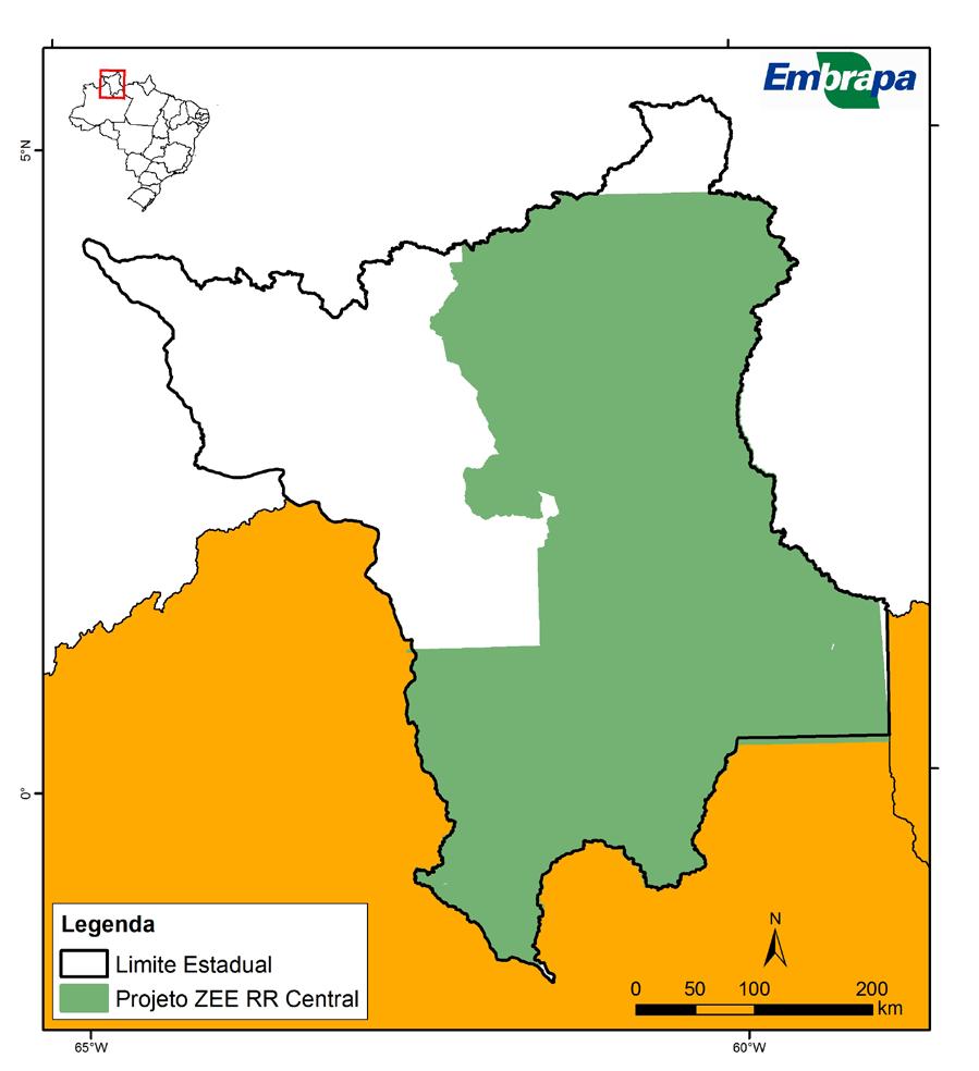 10 Avaliação da aptidão agrícola das áreas disponíveis do Estado de Roraima Material e métodos Área trabalhada A área estudada pelo ZEE Roraima Central abrange 154.