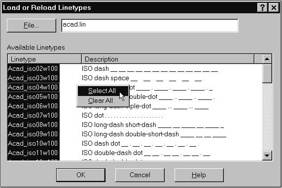 Na guia Linetype, temos uma pequena lista com alguns tipos de linhas, você poderá aumentar esta lista dando um clique sobre o botão Load e, selecionando todas as linhas exibidas com o botão direito