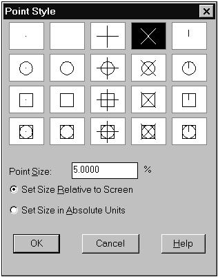 Botão Point O comando Point permite criar uma representação gráfica para um ponto. A forma e tamanho dos pontos são controlados através da opção Point Style do menu Format.
