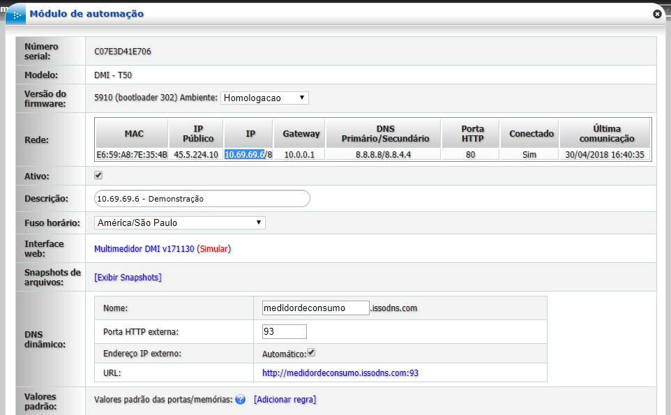 Nesta página, certifique-se de que a opção Habilitado está marcada em Status e então clique em Buscar. Em seguida, encontre o módulo DMI desejado e acesse sua respectiva página.