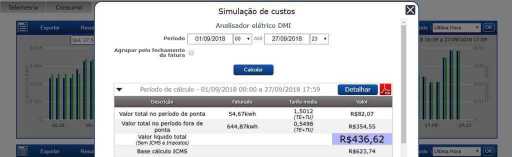 Selecione o período que deseja simular e clique em Buscar. Será apresentado um resumo do consumo e custos do período selecionado.