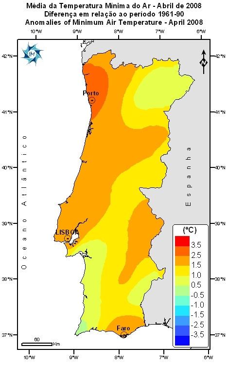 1. Temperatura do Ar Caracterização Climática Mensal Em Portugal Continental o valor médio da temperatura máxima, mínima e média do ar foi superior ao valor médio (1961-1990): +1.5 C, +0.9ºC, +1.