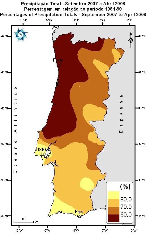 2.1. Precipitação acumulada desde 1 de Setembro de 2007 Os valores da quantidade de precipitação acumulada no período entre 1 de Setembro de 2007 e 30 de Abril 2008 continuam inferiores aos valores