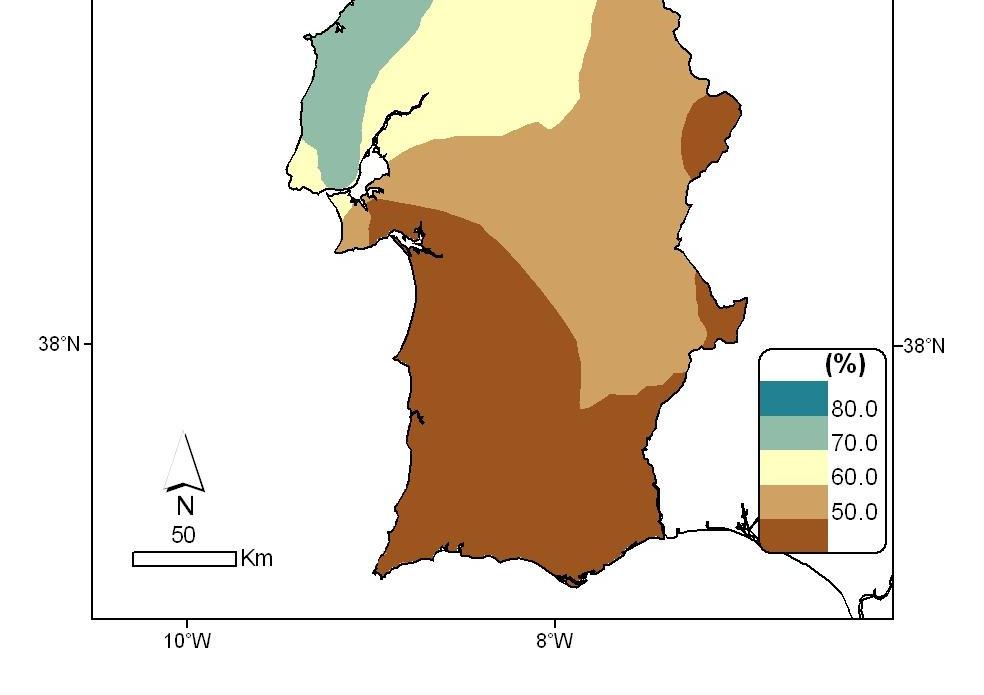 Água no solo Os valores em percentagem de água no solo, em relação à capacidade de água utilizável pelas plantas, em 30 de Abril de 2008 eram inferiores a 50% apenas em
