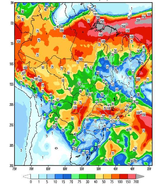 Figura 5 - Precipitação acumulada prevista pelo modelo ETA (CPTEC/INPE) para o período de 30/03 a 06/04/19 Nas bacias dos rios Paranapanema, Grande, Paranaíba e Iguaçu, e parte das bacias dos rios