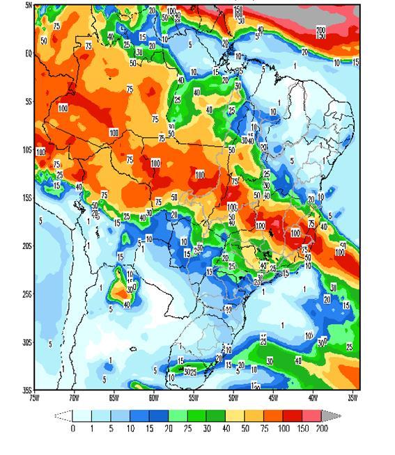 Na semana de 10 a 16/12/2016 deve ocorrer precipitação nas bacias dos rios Uruguai, Iguaçu, Paranapanema, Tietê, Grande e Paranaíba, no alto São Francisco e no alto Araguaia.